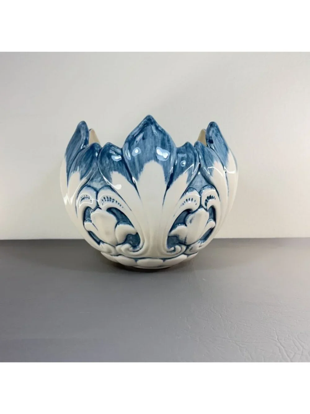 Italian Style Blue White Majolica Petal Cachepot Large Floral Centerpiece Bowl